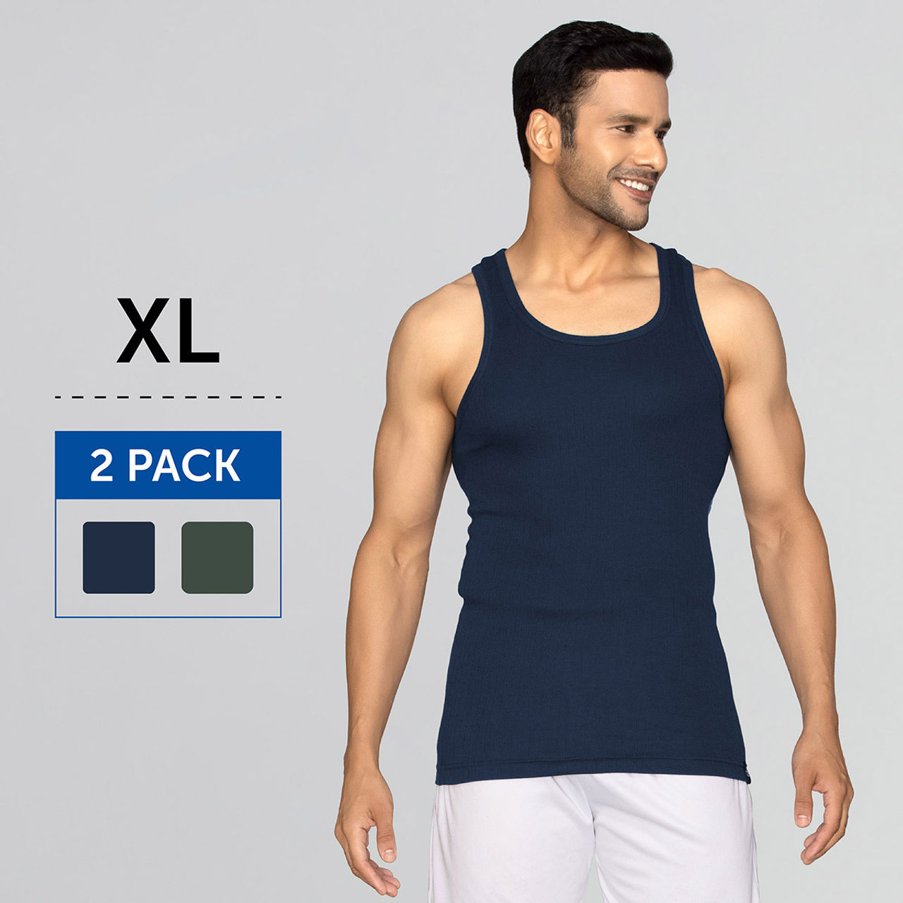 XYXX Nova Solid Super Combed Cotton Round Neck Vest | Pack of 2 | Black Iris + Olive- XL