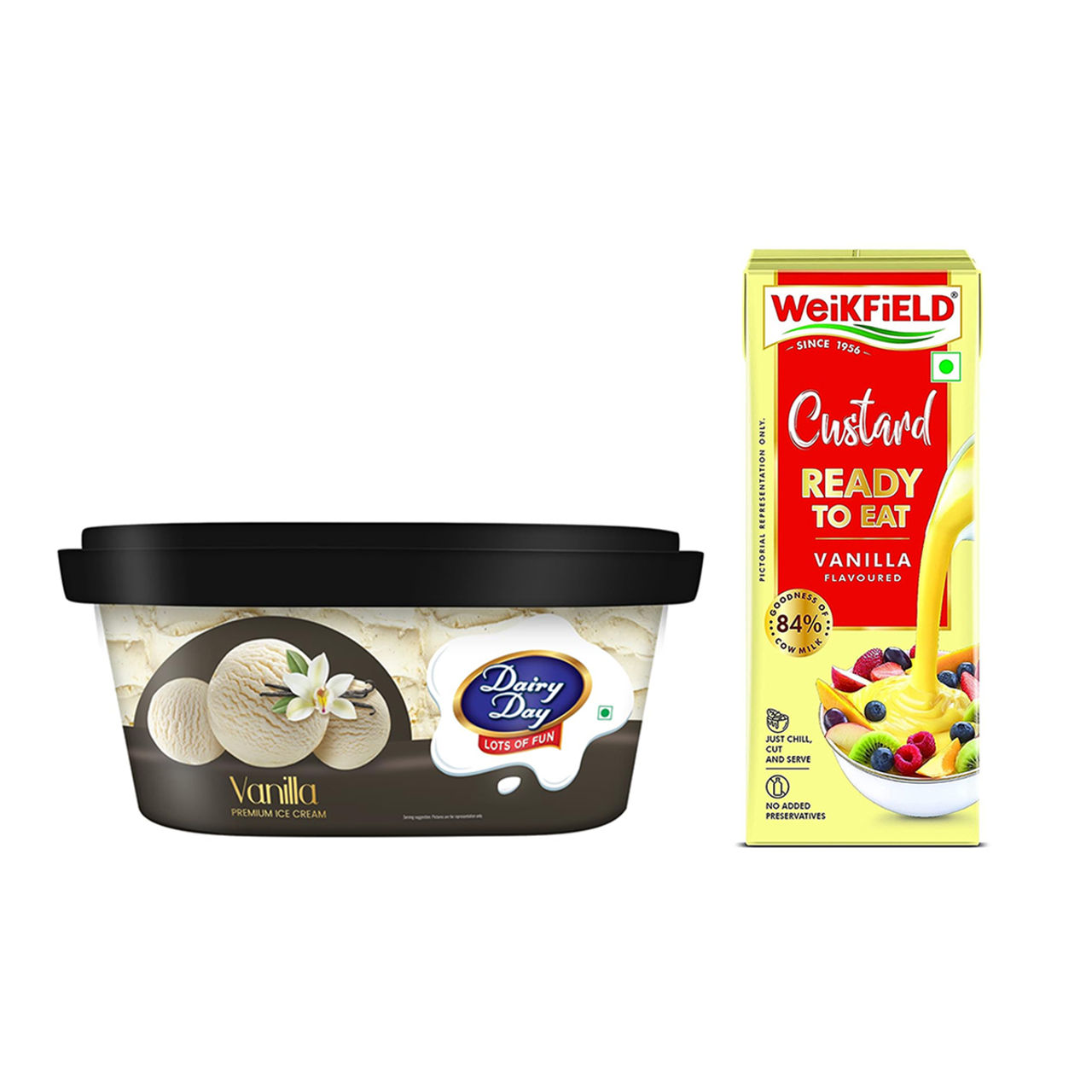Weikfield Custard Ready To Eat - Vanilla (200ml) & Dairy Day Vanilla Ice Cream Tub (500ml) Combo
