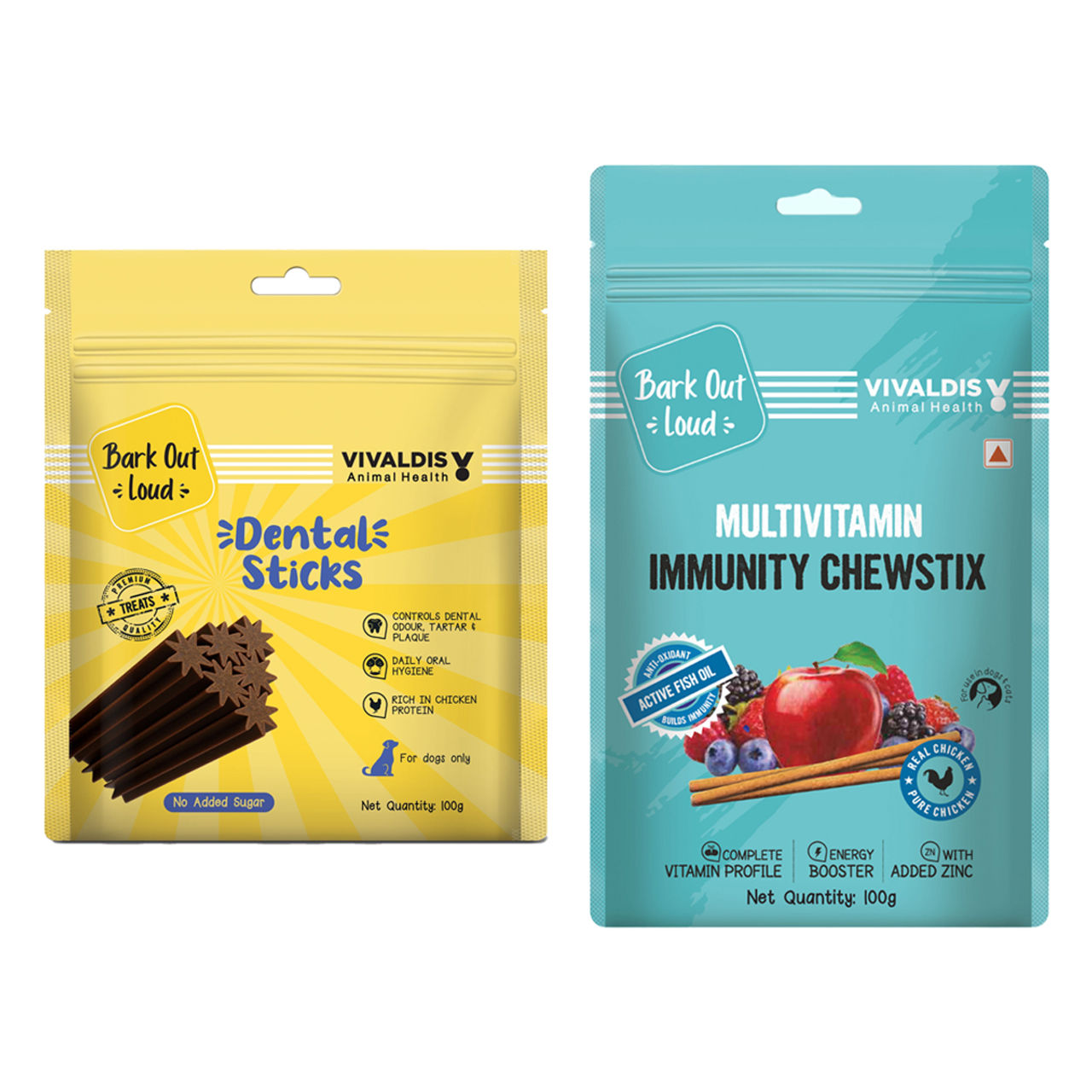 Bark Out Loud Dental Stick-Removes Plaque & Tartar, No Sugar Dog Treats (100g) & Bark Out Loud - Multivitamin Dog Treats, Fresh Chicken Immunity Chewstix With Omega & Zinc To Boost Health (100g) Combo