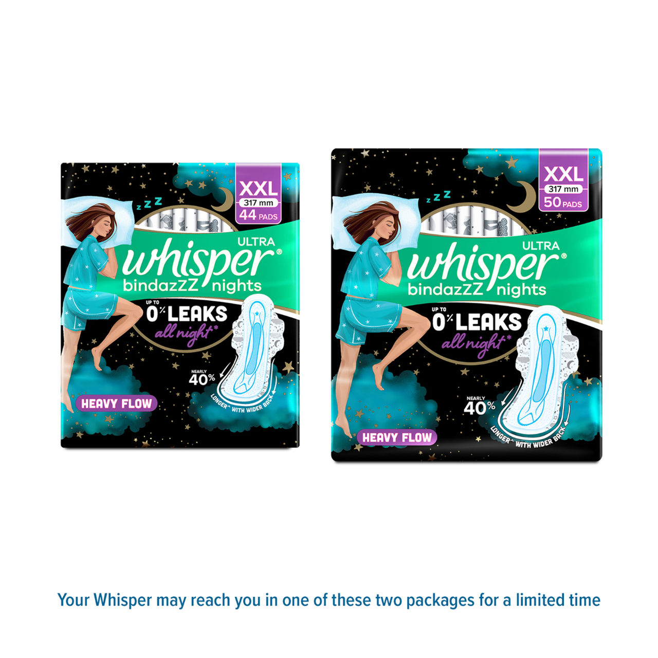 Whisper Bindazzz Nights 50 XXL Sanitary Pads, Upto 0% Leaks All Night Long