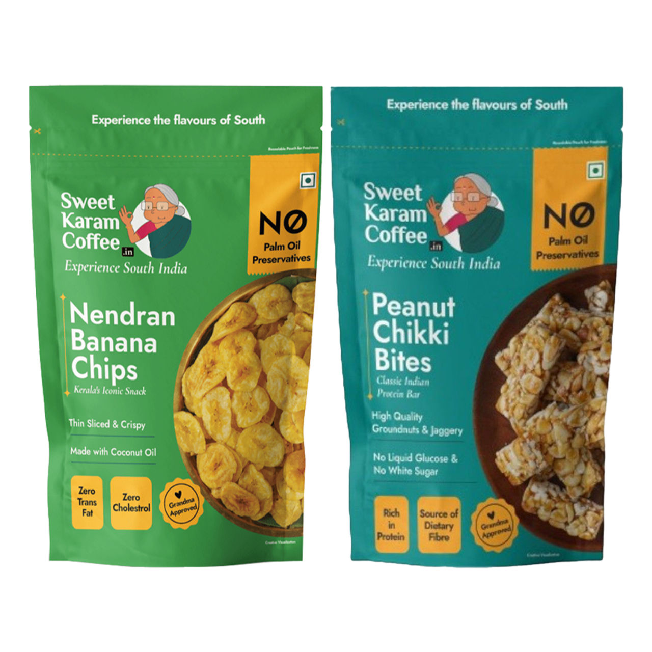 Sweet Karam Coffee Kerala Nendran Banana Chips (65g) & Sweet Karam Coffee Peanut Chikki Bites (150g) Combo
