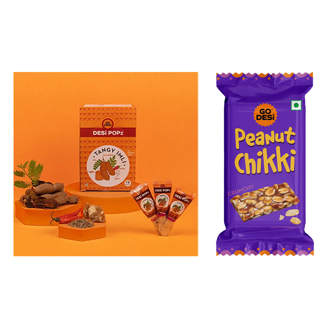 Tangy Imli (Tamarind) 10 Pcs Sour Candy | No Refined Sugar | Lollipop By Go Desi (10pc) & Peanut Chikki Bar, By Go Desi (100g) Combo