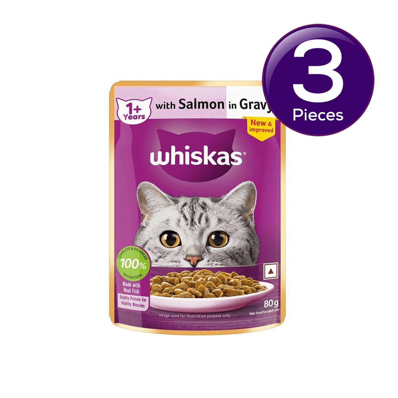 Whiskas Adult Salmon in Gravy Wet Cat Food, 80g, Pack of 3