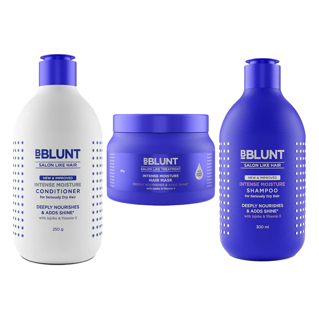 Bblunt Intense Moisture Shampoo With Jojoba And Vitamin E For Dry & Frizzy Hair (300ml) & Bblunt Intense Moisture Conditioner With Vitamin E & Jojoba For Dry & Frizzy Hair (250g) & Bblunt Intense Moisture Hair Mask With Jojoba Oil & Vitamin E For Nourished & Shiny Hair (250g) Combo