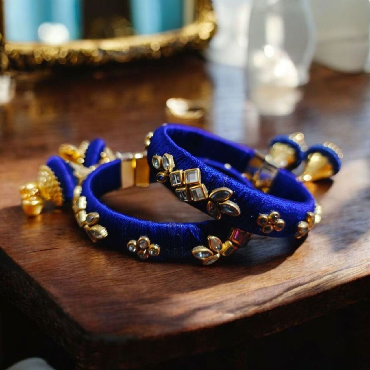 House Of Festivals Designer Bangals with Silk Thread Work - Blue
