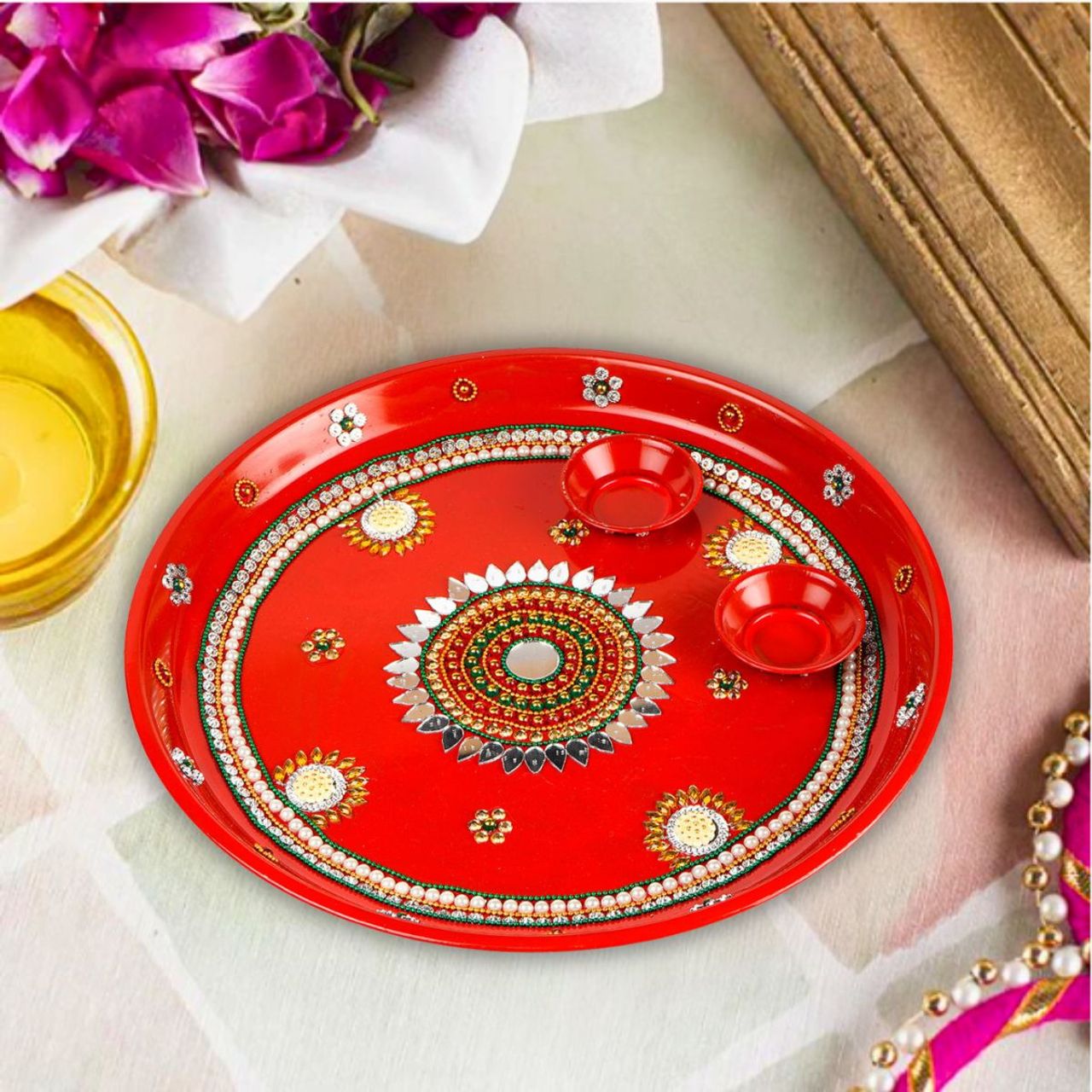 Decorative Red Pooja Thali Mirror Work- 11 Inches