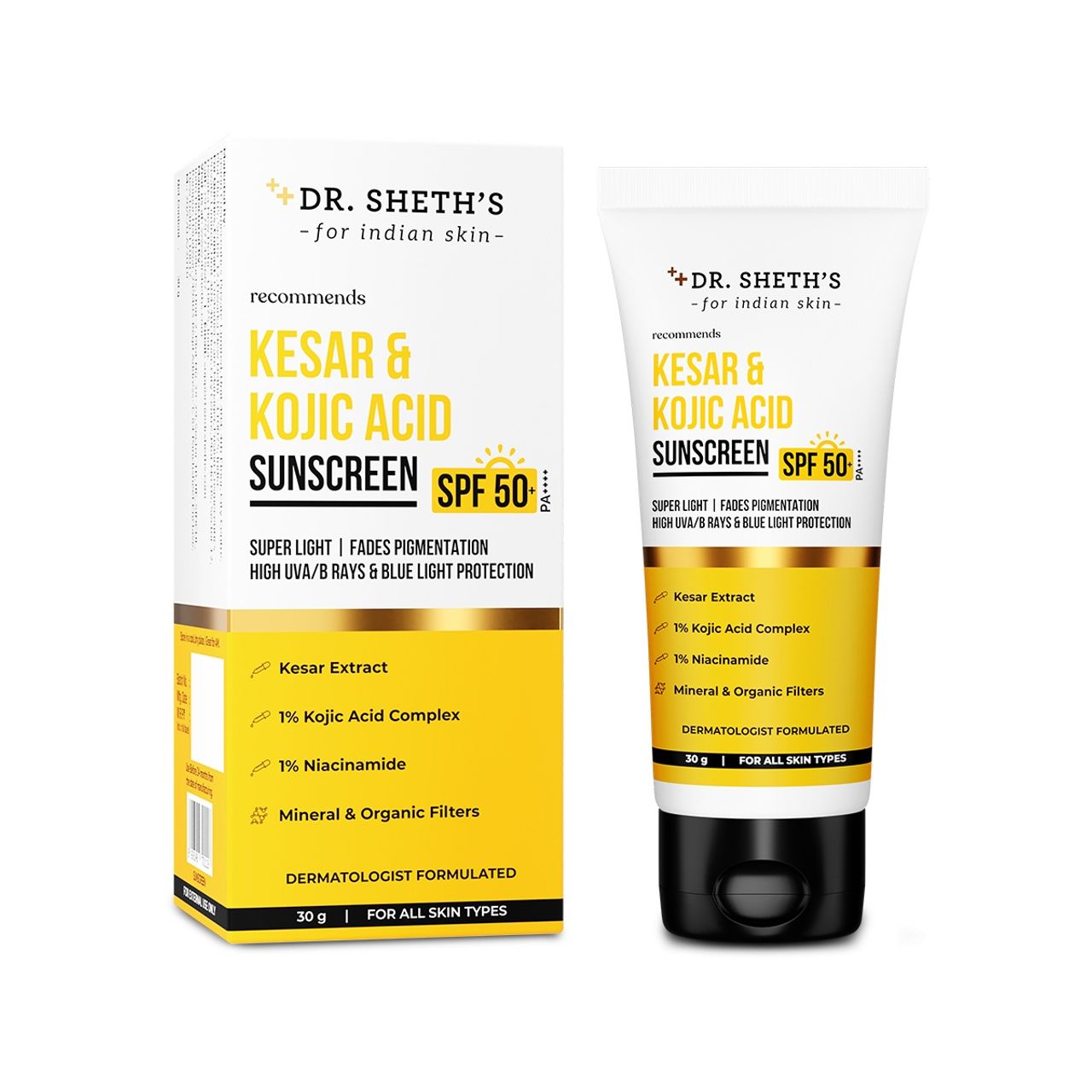 Dr. Sheth's Kesar & Kojic Acid Sunscreen SPF 50+ PA++++ | Pigmentation-Free Skin