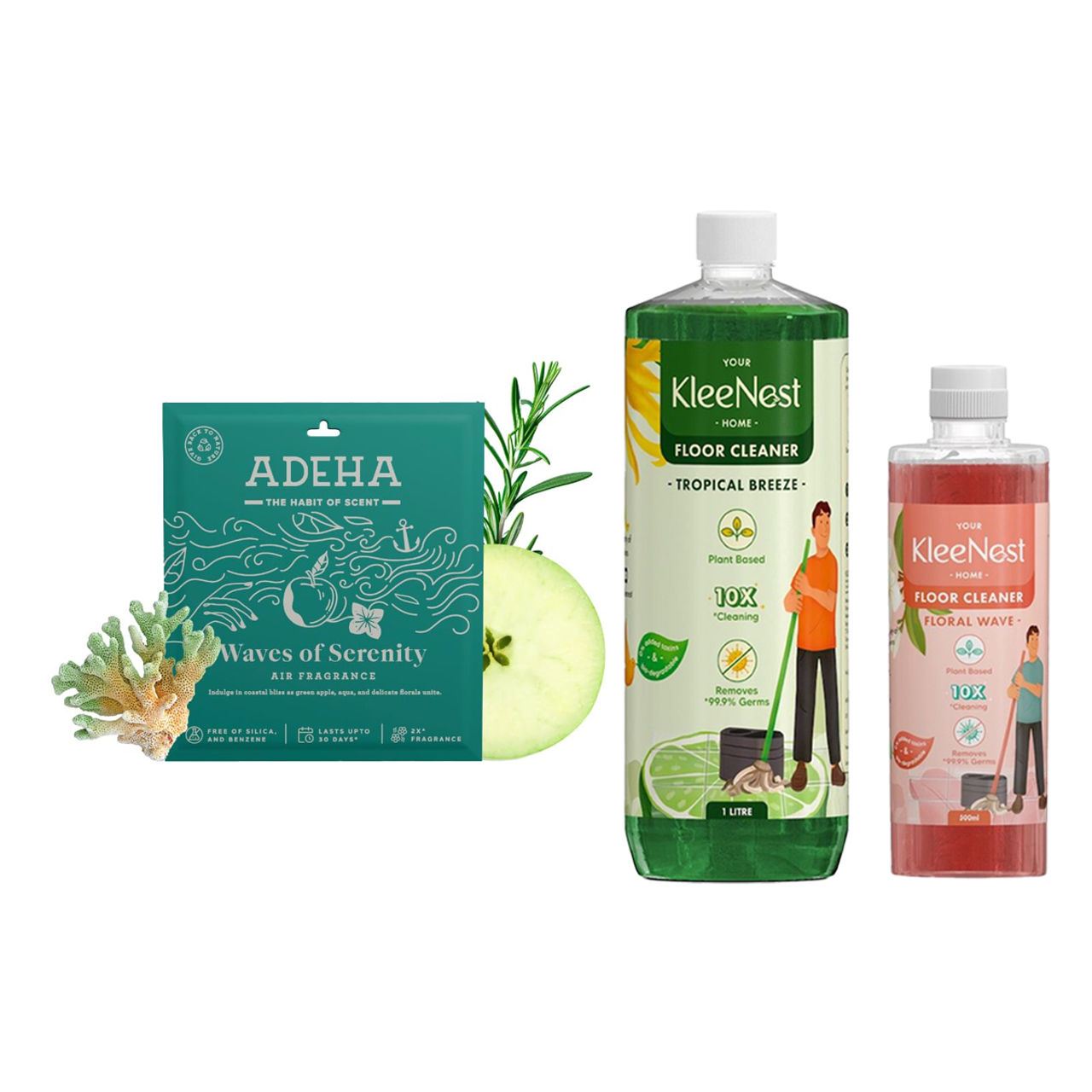 Kleenest Natural Floor Cleaner Tropical Breeze, Plant Based Kids & Pet Friendly (1.5l) & Adeha Air Freshener Waves Of Serenity Pouch (20g) Combo