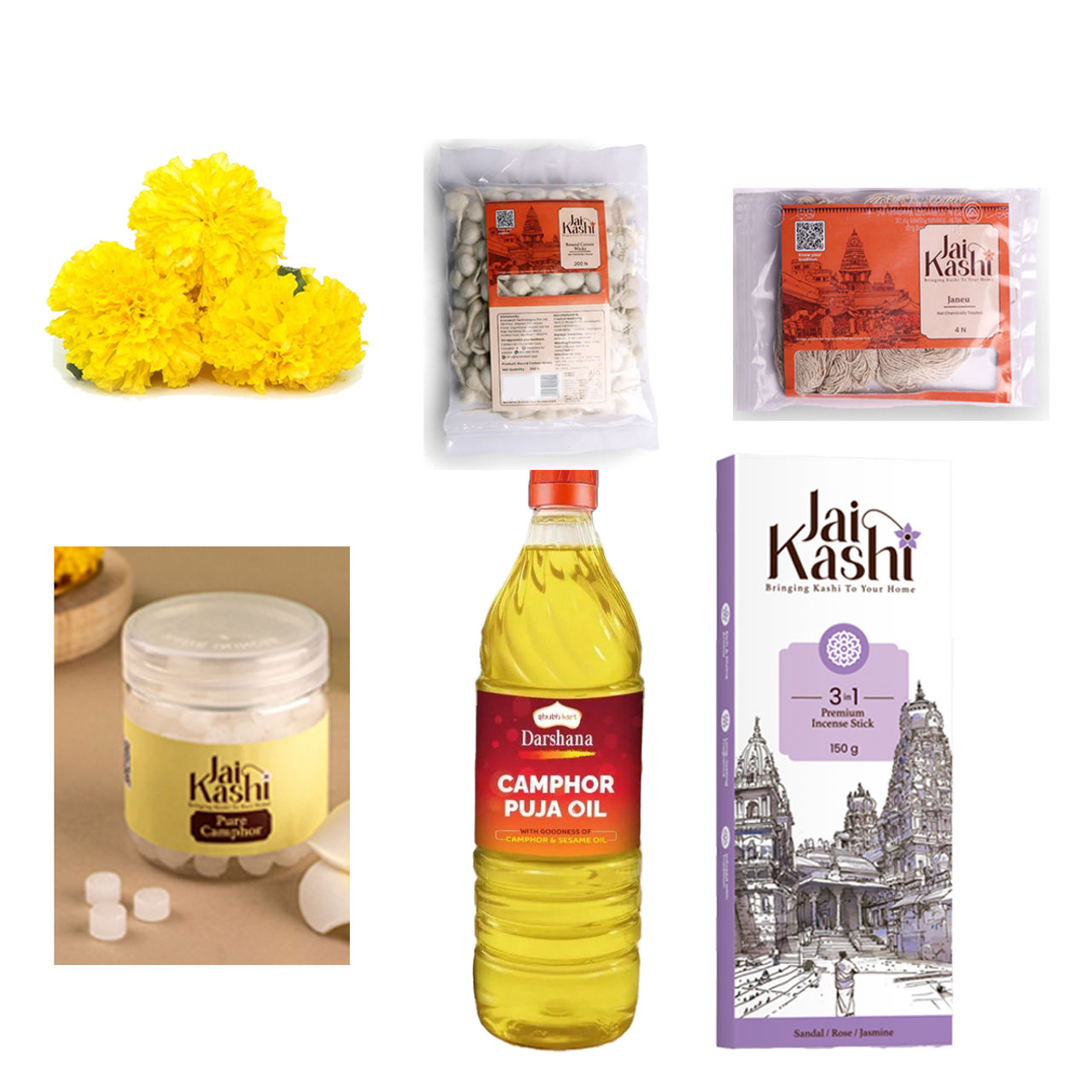 Marigold (100g) & Jai Kashi 3 In 1 Premium Incense Stick (150g) & Jai Kashi Pancha Deepam Pooja Oil (1l) & Jai Kashi Pure Camphor (50g) & Jai Kashi Janeu (4pc) & Jai Kashi Round/ Flower Cotton Wicks (200pc) Combo