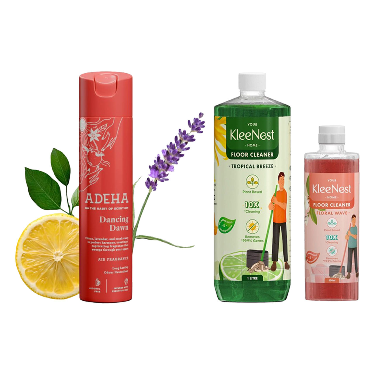 Kleenest Natural Floor Cleaner Tropical Breeze, Plant Based Kids & Pet Friendly (1.5l) & Adeha Room Freshener Spray Dancing Dawn (218ml) Combo