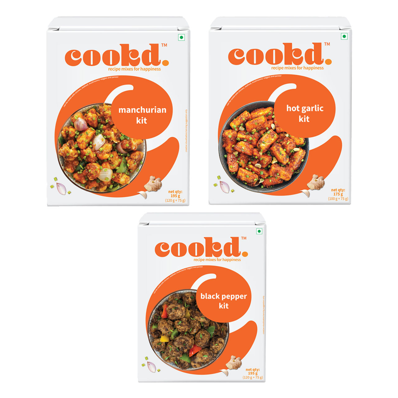 Cookd Black Pepper Kit (195g) & Cookd Hot Garlic Kit (175g) & Cookd Manchurian Kit (195g) Combo