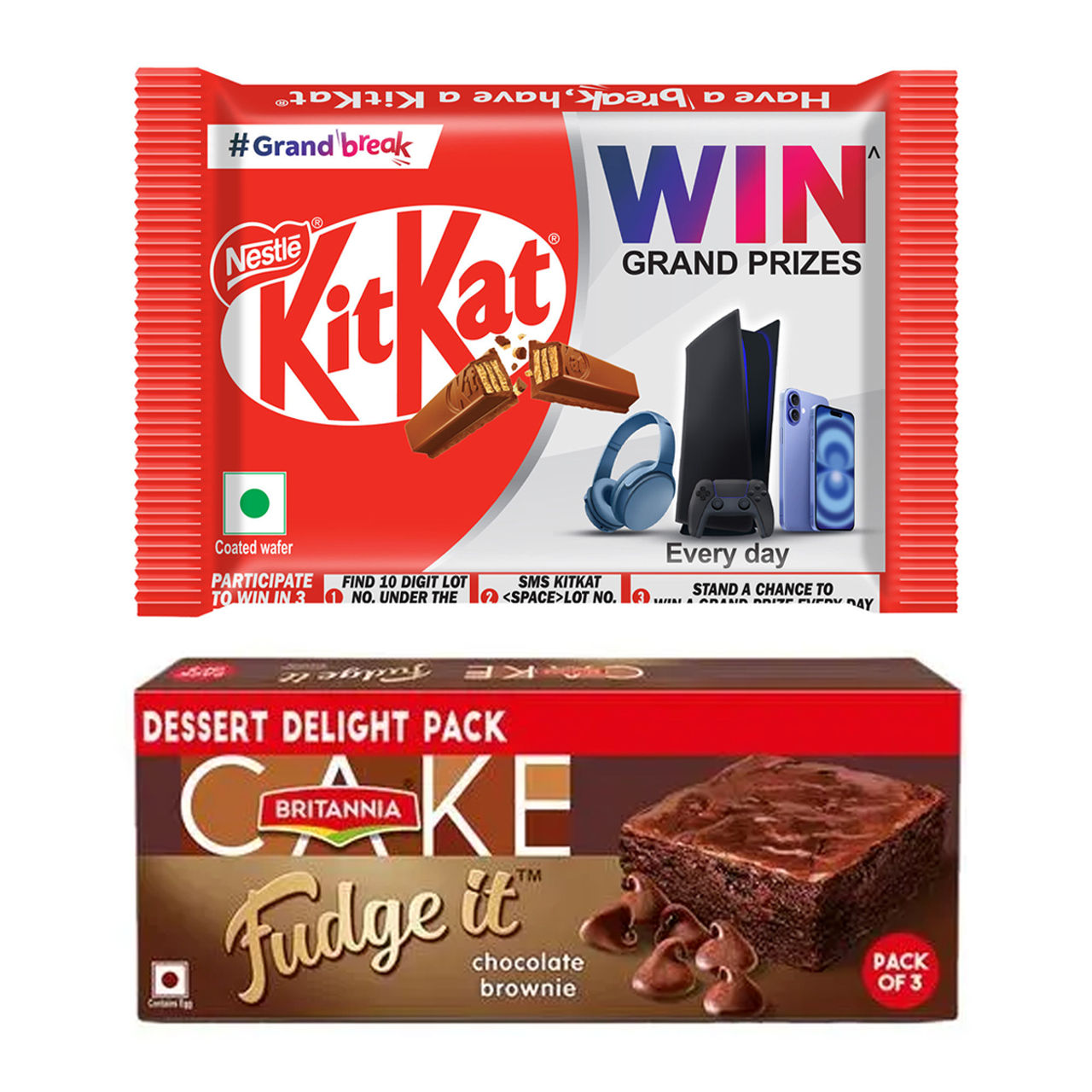Britannia Fudge It Chocolate Brownie (With Egg) (120g) & Nestle Kitkat 4 Fingers Choco Coated Wafer Bar (38.5g) Combo