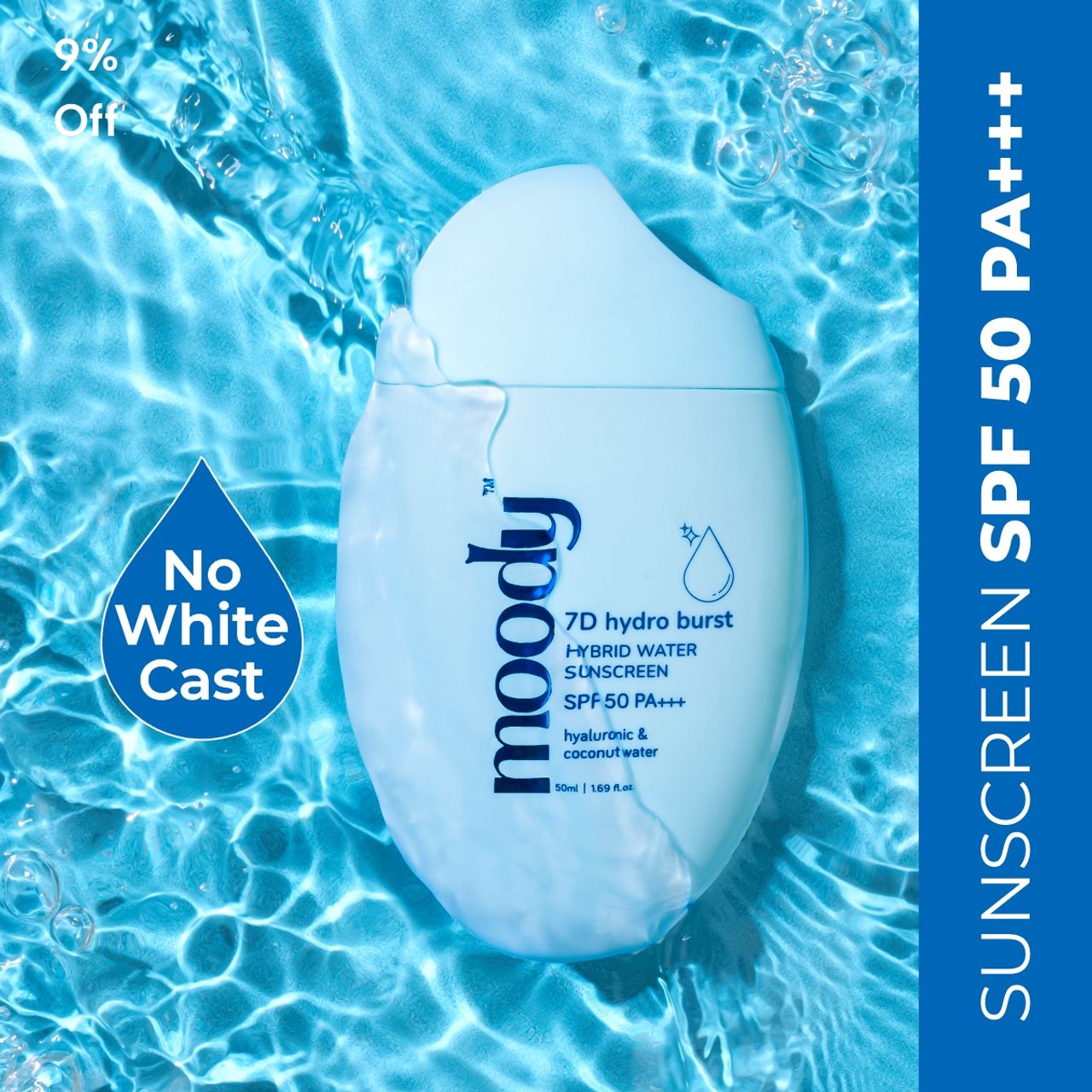 Moody 7D Hydro Burst Hybrid Water Sunscreen SPF 50 Pa +++, Hyaluronic & Coconut Water (50 Ml)