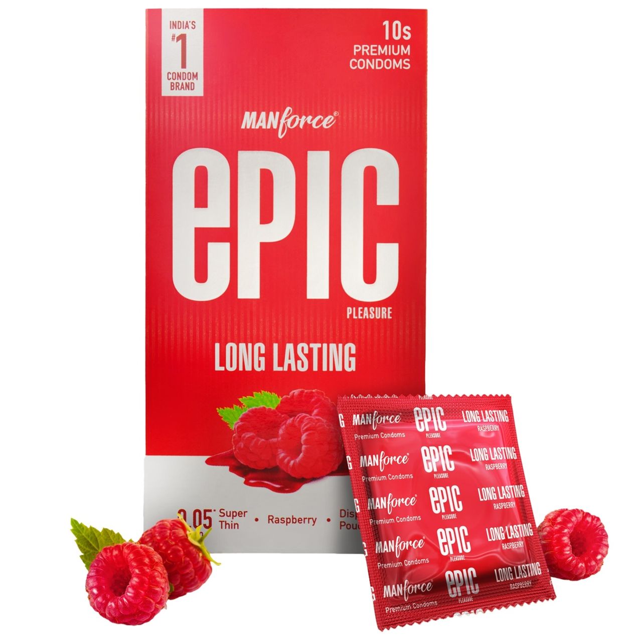 Manforce Epic Pleasure Long Lasting Premium Condoms for Men Super Thin Raspberry Flavour Disposable Pouch