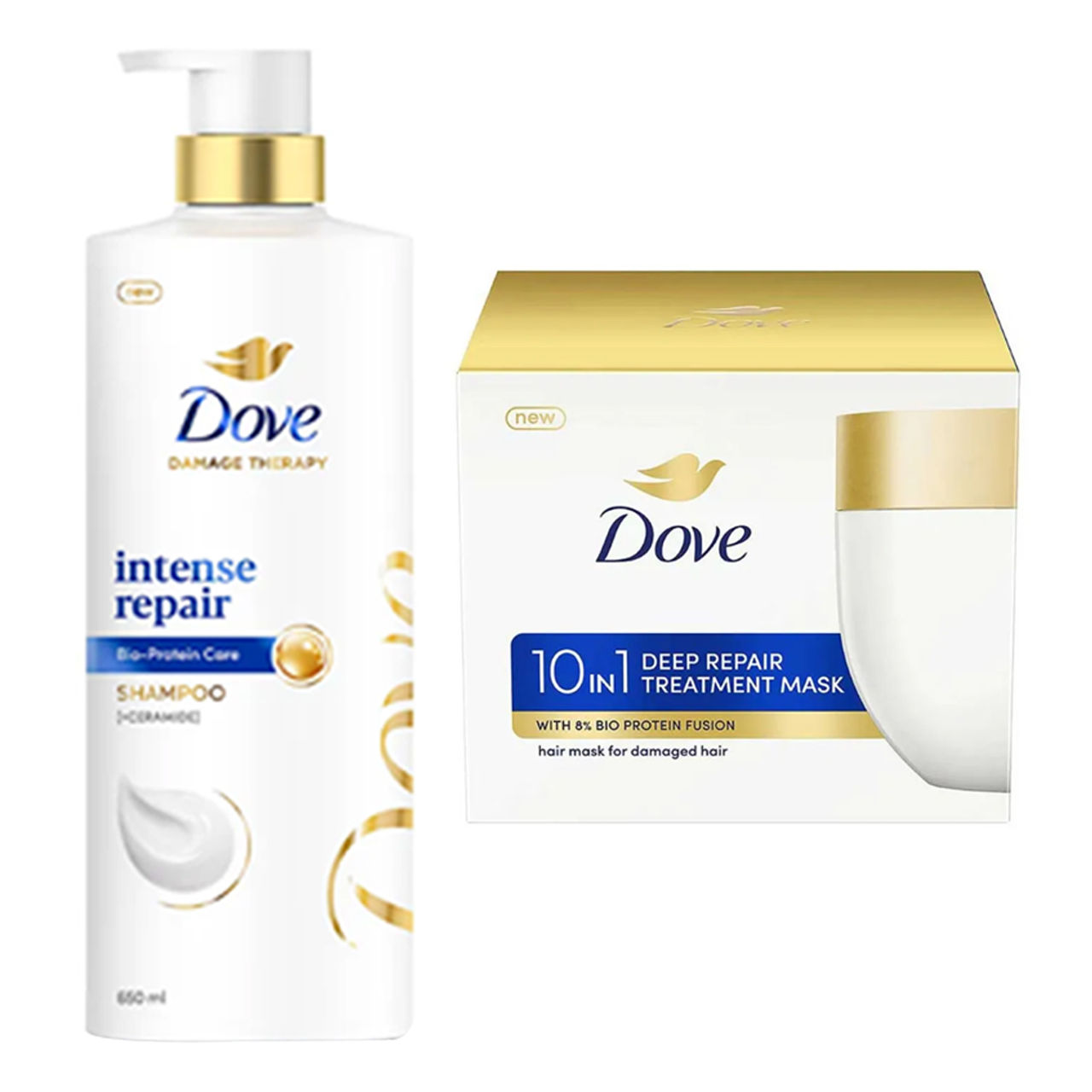 Dove Intense Damage Therapy Shampoo Xl Bottle (650ml) & Dove 10 In 1 Deep Repair Treatment Hair Mask (120ml) Combo