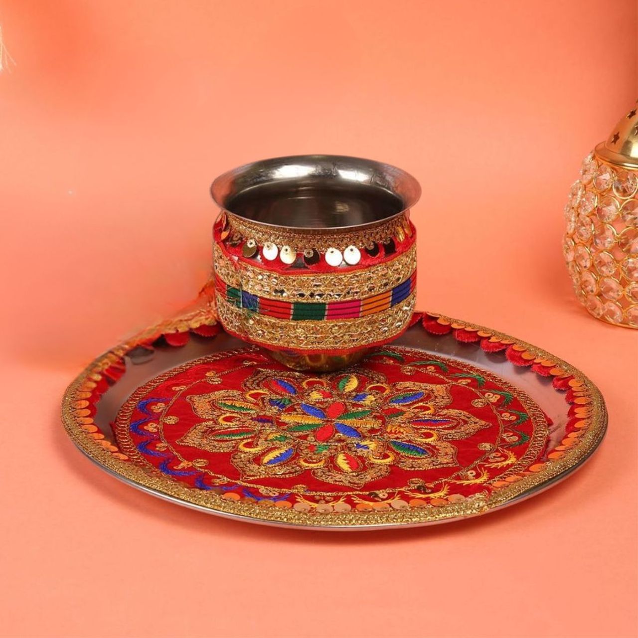 Sanskriti Red Transtional Handcrafted Designer Pooja Thali Kalash Set