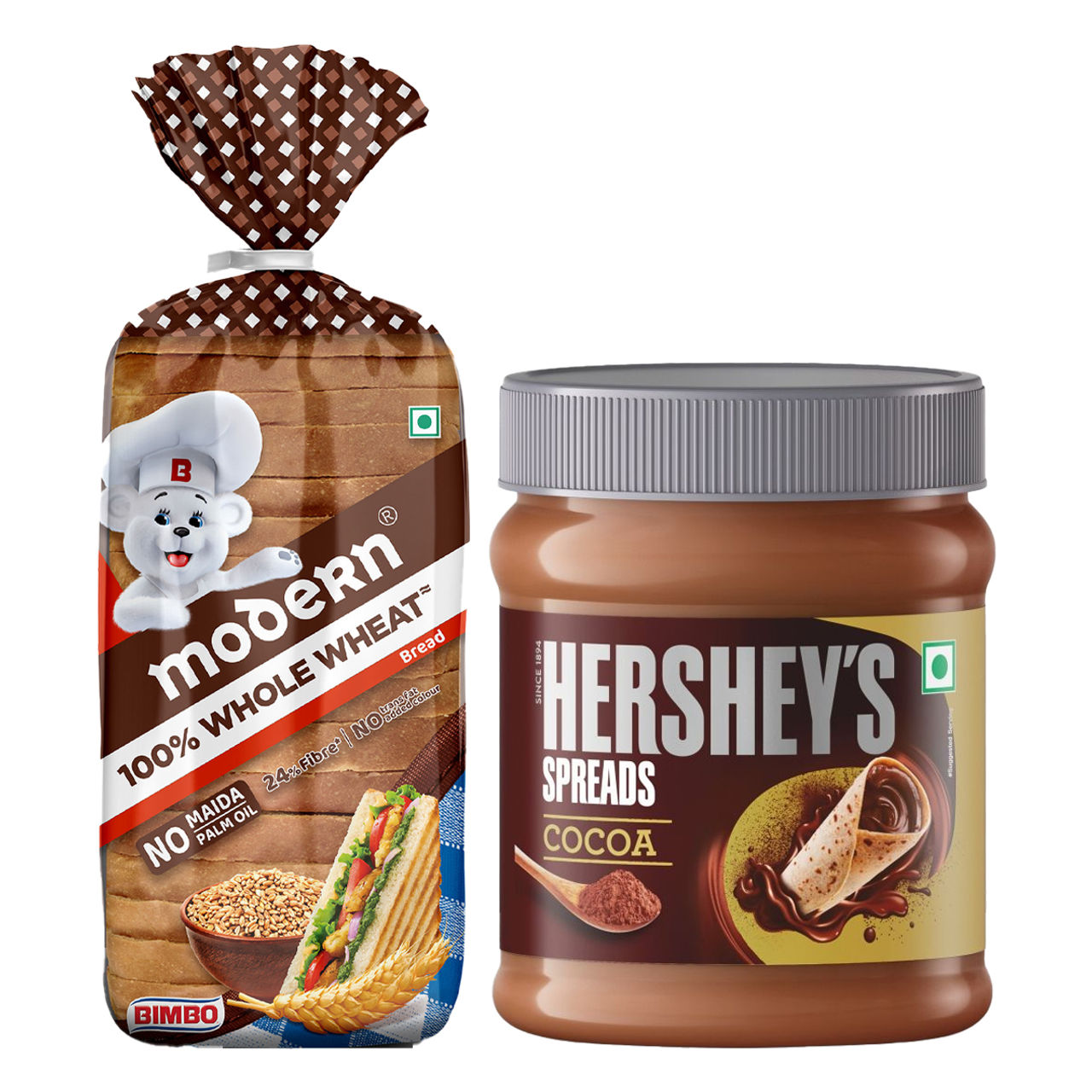 Hershey'S Spread - Cocoa Jar (150g) & Modern 100% Whole Wheat Bread (Zero Maida, No Trans Fat) (400g) Combo