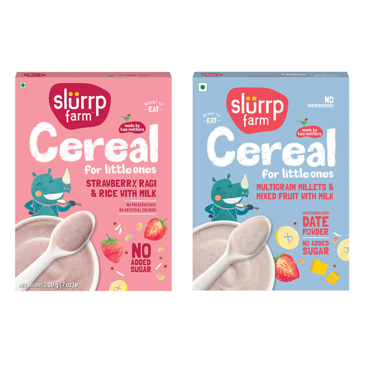 Slurrp Farm Ragi Rice Strawberry Instant Healthy Cereal, Mildly Sweetened With Date Powder, 200 Gm(200gms) & Slurrp Farm Multigrain Instant Cereal With Rice Crispies Mixed Fruits Flavour No Refined Sugar, 300 Gm(200gms) Combo