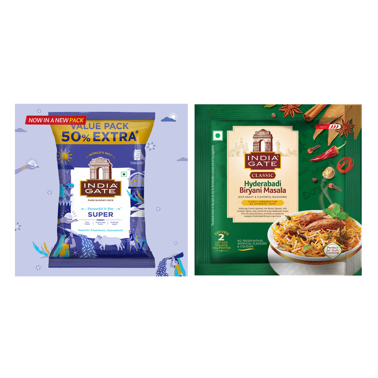 India Gate Flavourful And Fine Super Basmati Rice | Perfectly Aged Rice (1500g) & India Gate Classic Hyderabadi Biryani Masala (70g) Combo