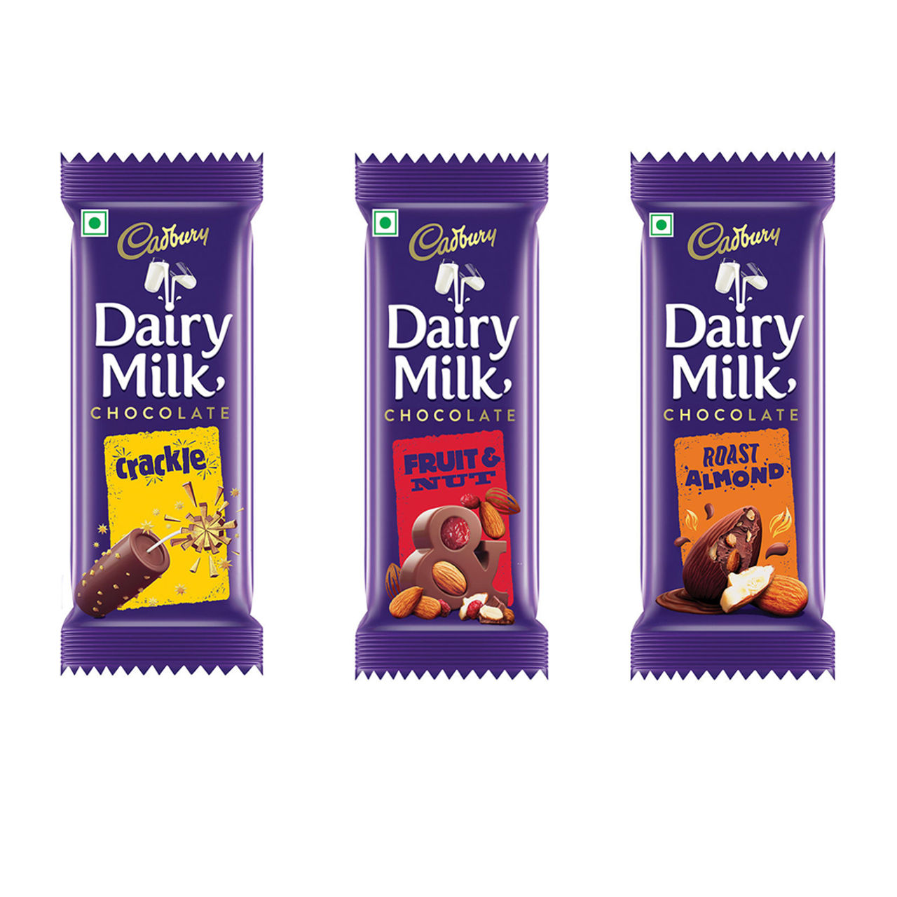 Cadbury Dairy Milk Roast Almond Chocolate Bar (36g) & Cadbury Dairy Milk Fruit & Nut Chocolate Bar (36g) & Cadbury Dairy Milk Crackle Chocolate Bar (36g) Combo