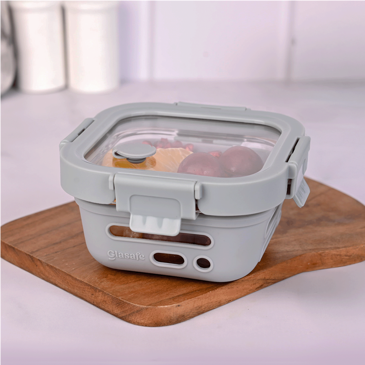 Glasafe Fresh Grip Borosilicate Glass Tiffin With Protective Silicone Sleeve (Soothing Slate) 520Ml
