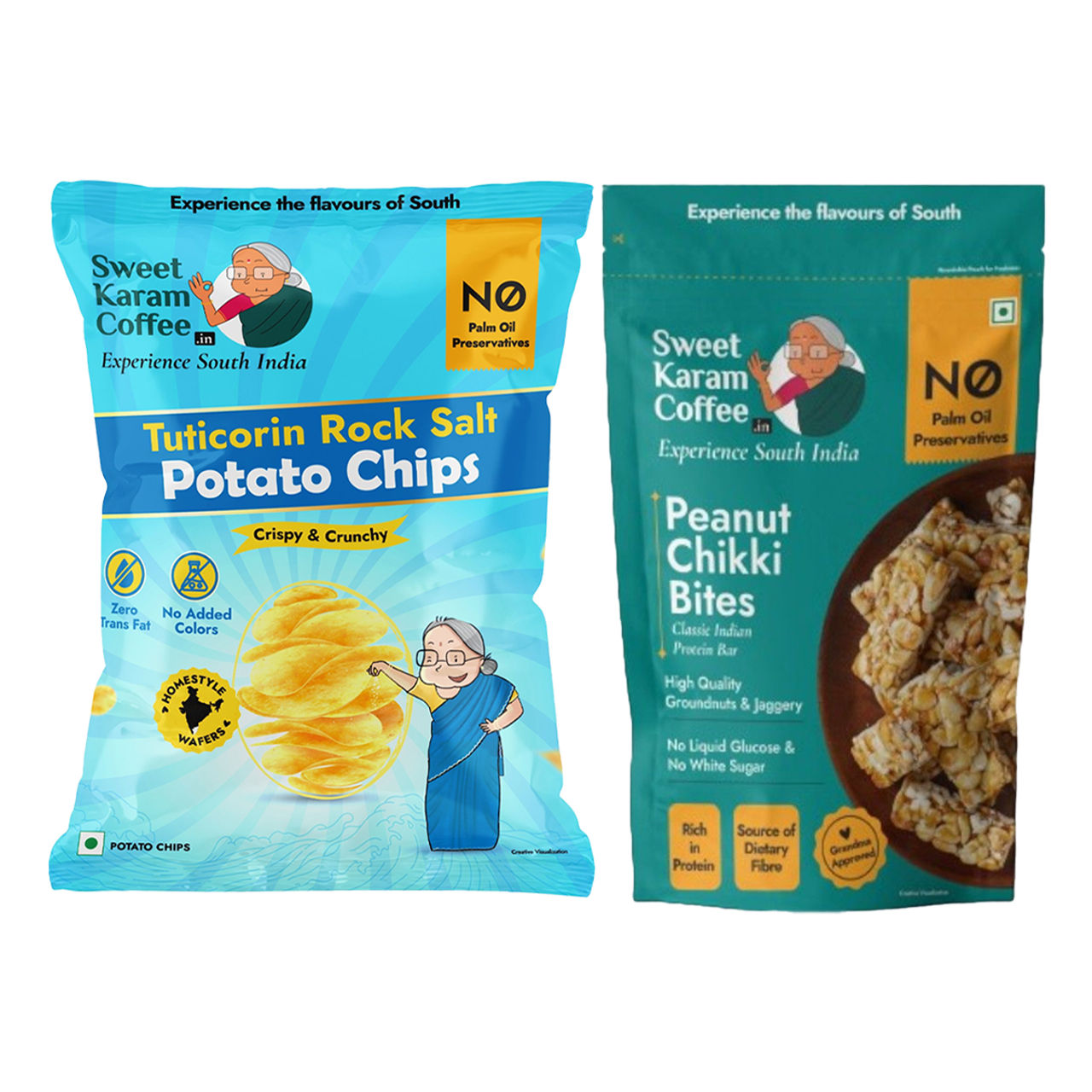 Sweet Karam Coffee Tuticorin Rock Salt Potato Chips - No Palm Oil (60g) & Sweet Karam Coffee Peanut Chikki Bites (150g) Combo