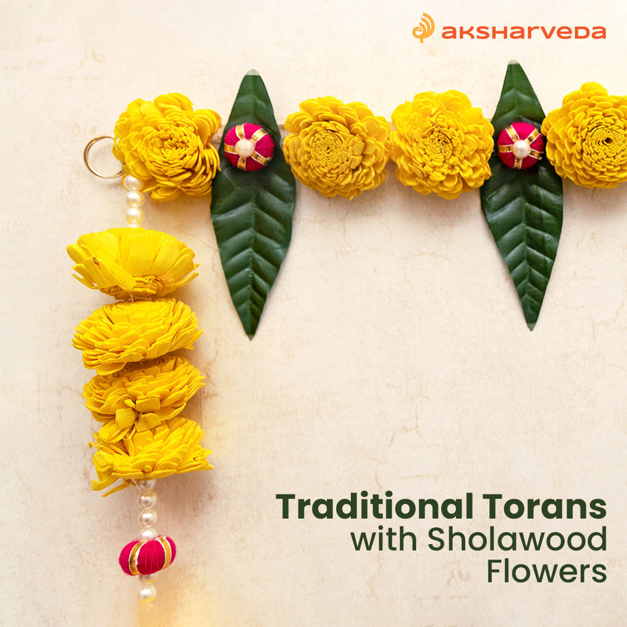Aksharveda Sholawood Flower Toran With Hangings | Yellow, Green