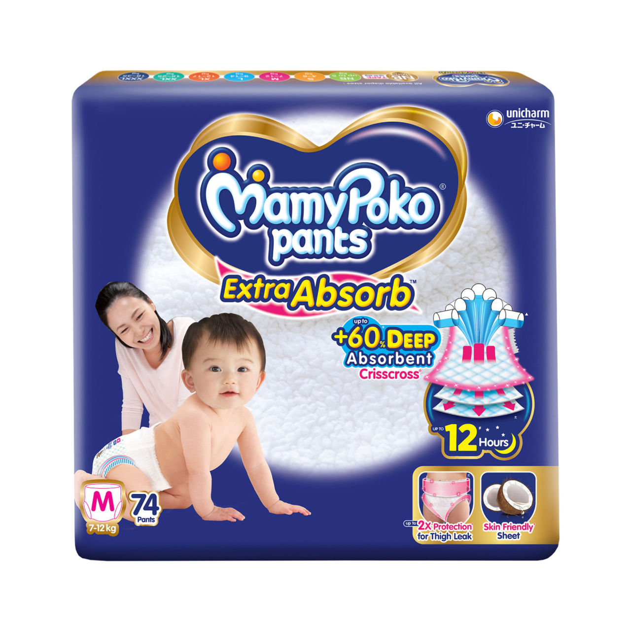 Mamypoko Extra Absorb Baby Diapers | Pant Style | M | 74 pcs
