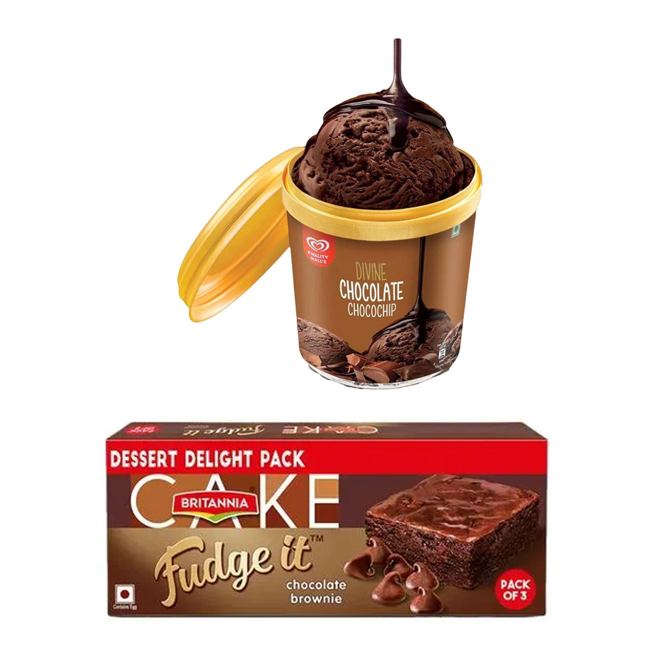 Britannia Fudge It Chocolate Brownie (With Egg) (120g) & Kwality Wall'S Divine Chocolate Chocochip Cup (100ml) Combo