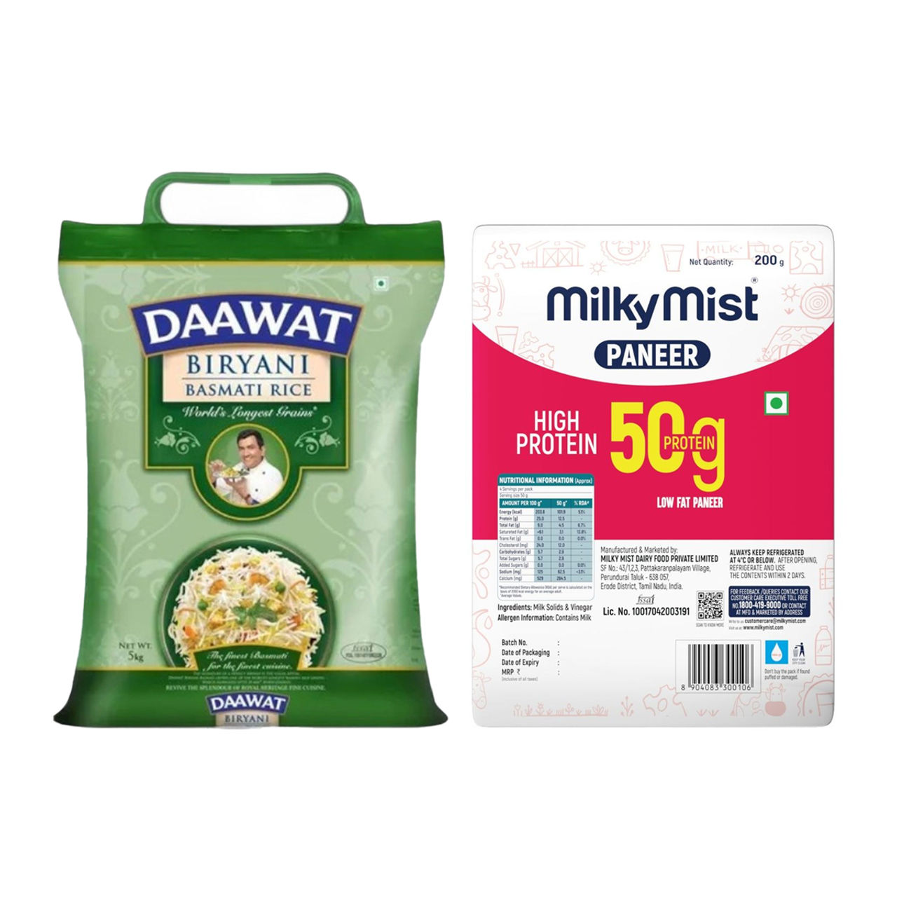 Daawat Biryani Basmati Rice | Long Grain (5kg) & Milky Mist High Protein Paneer (200g) Combo