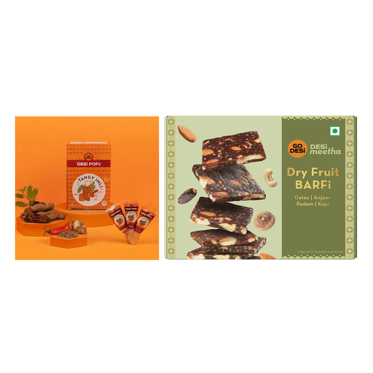 Tangy Imli (Tamarind) 10 Pcs Sour Candy | No Refined Sugar | Lollipop By Go Desi (10pc) & Dry Fruit Barfi | No Added Refined Sugar | Burfi | Sweets | By Go Desi (200g) Combo