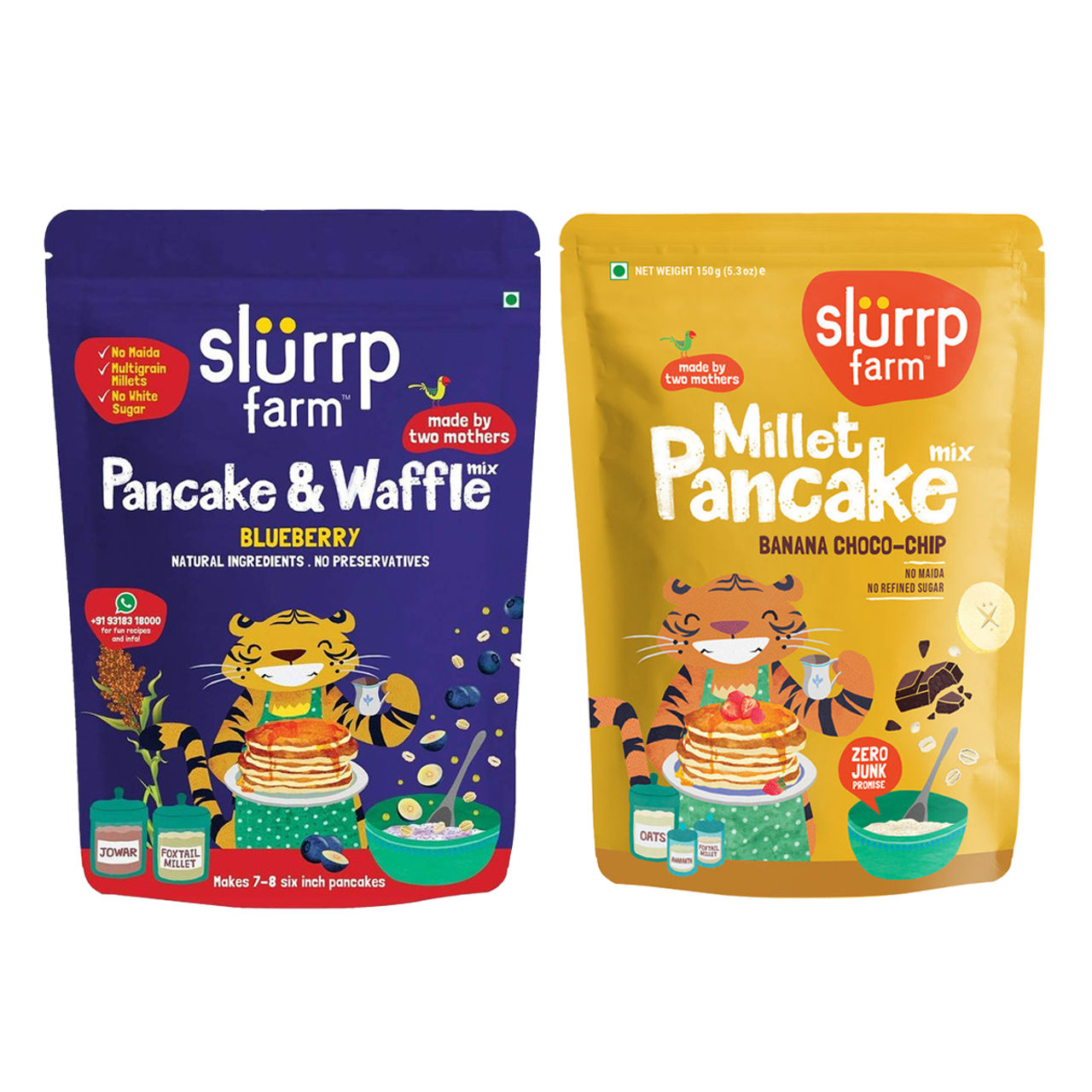 Slurrp Farm Millet Eggless Pancake Mix With Blueberries | No Maida | Healthy Breakfast (150g) & Slurrp Farm Millet Eggless Pancake Mix With Banana Choco Chip | No Maida | Healthy Breakfast (150g) Combo