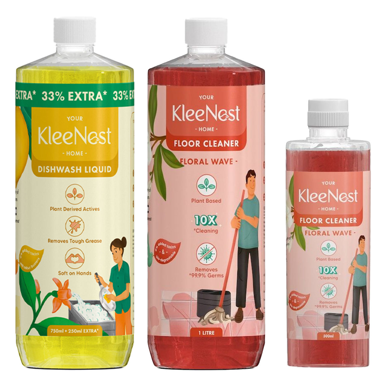Kleenest Natural Dishwash Liquid (33% Extra) (1l) & Kleenest Natural Floor Cleaner Floral Wave, Plant Based Kids & Pet Friendly (1.5l) Combo