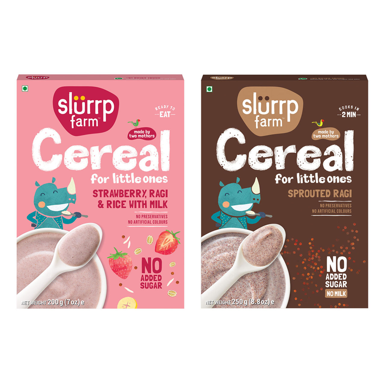 Slurrp Farm Ragi Rice Strawberry Instant Healthy Cereal, Mildly Sweetened With Date Powder, 200 Gm(200gms) & Slurrp Farm No Added Sugar, No Salt, Sprouted Ragi Powder, No Milk, 250 Gm(250gms) Combo