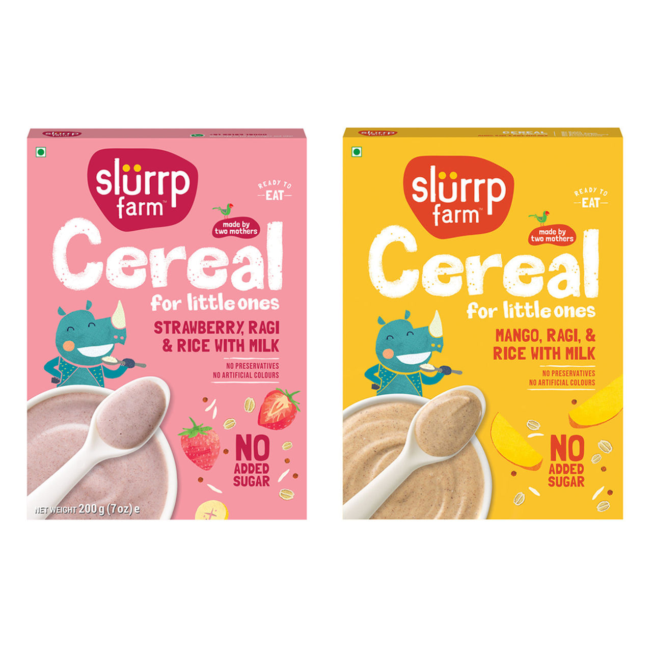 Slurrp Farm Ragi Rice Strawberry Instant Healthy Cereal, Mildly Sweetened With Date Powder, 200 Gm(200gms) & Slurrp Farm No Added Sugar Cereal - Ragi, Rice And Mango With Milk, No Preservatives, Made With Multigrain Millets, 200 Gm(200gms) Combo