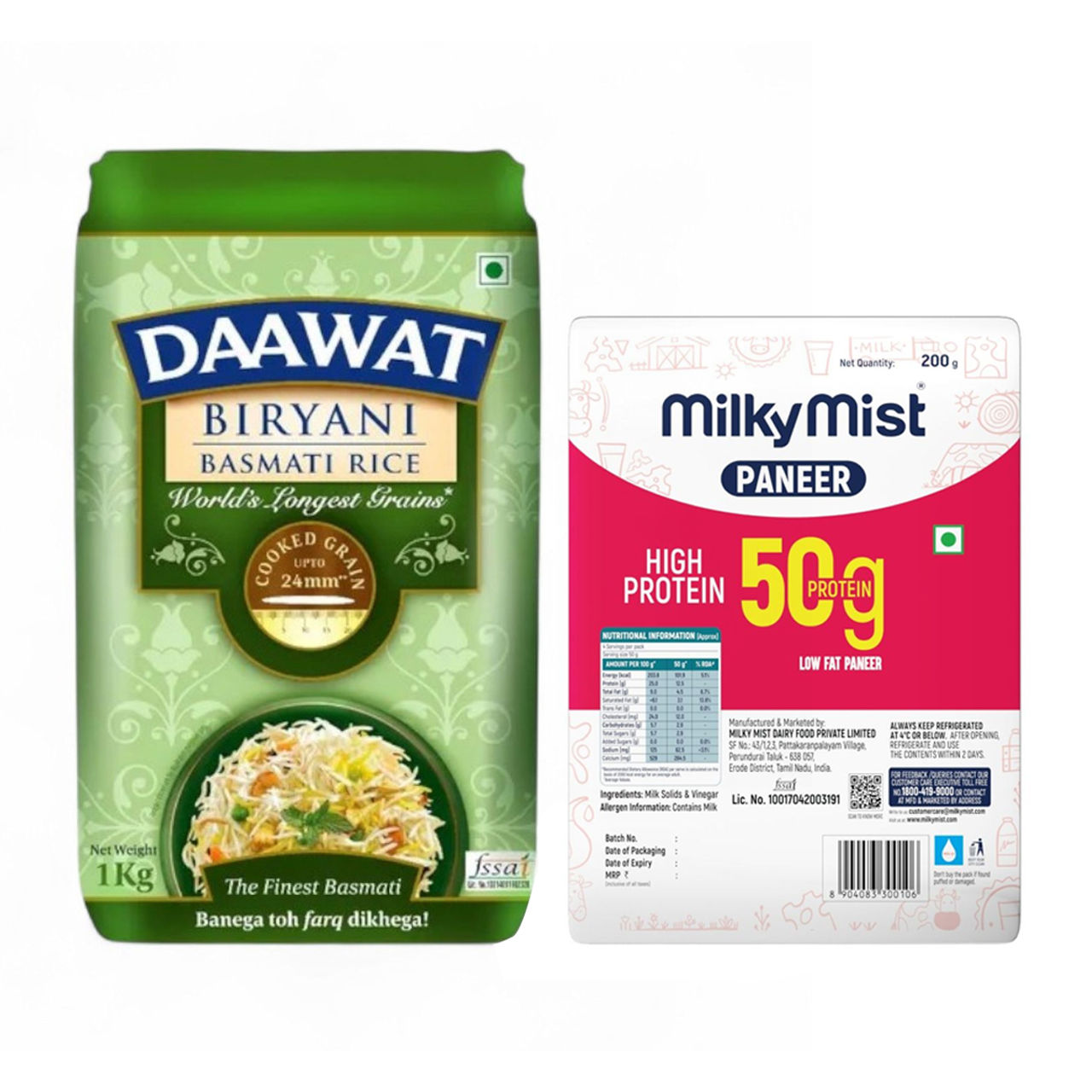 Daawat Biryani Basmati Rice | Long Grain (1kg) & Milky Mist High Protein Paneer (200g) Combo