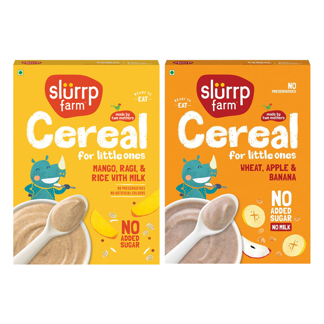 Slurrp Farm No Added Sugar Cereal - Ragi Rice And Mango With Milk | No Preservatives (200g) & Slurrp Farm Wheat Apple And Banana Instant Healthy Cereal 100% Natural | No Added Sugar | No Milk (300g) Combo