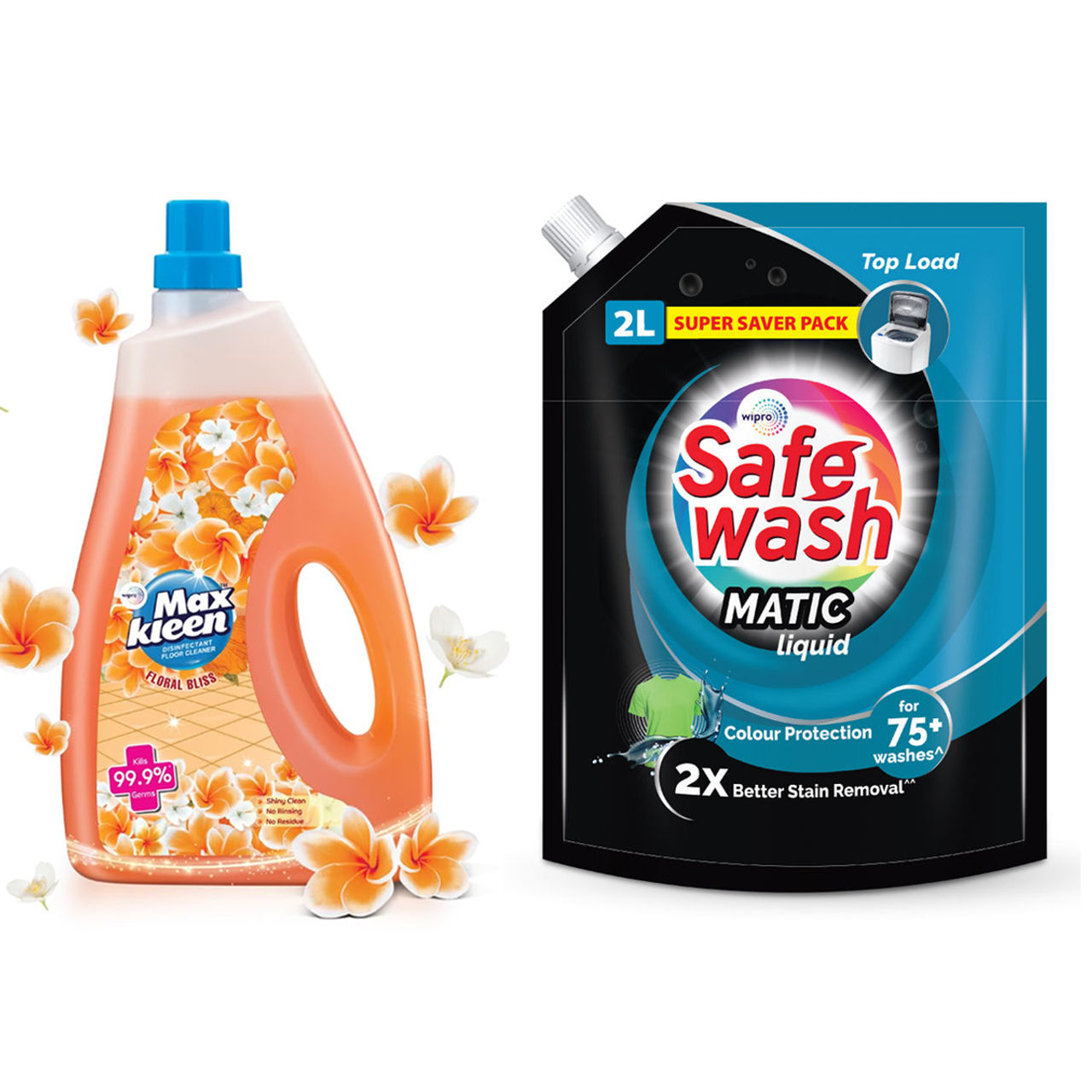 Safewash Top Load Matic Premium Liquid Detergent With 2X Stain Removal (2l) & Maxkleen Floor Cleaner Liquid - Floral Bliss Surface Cleaner (1800ml) Combo