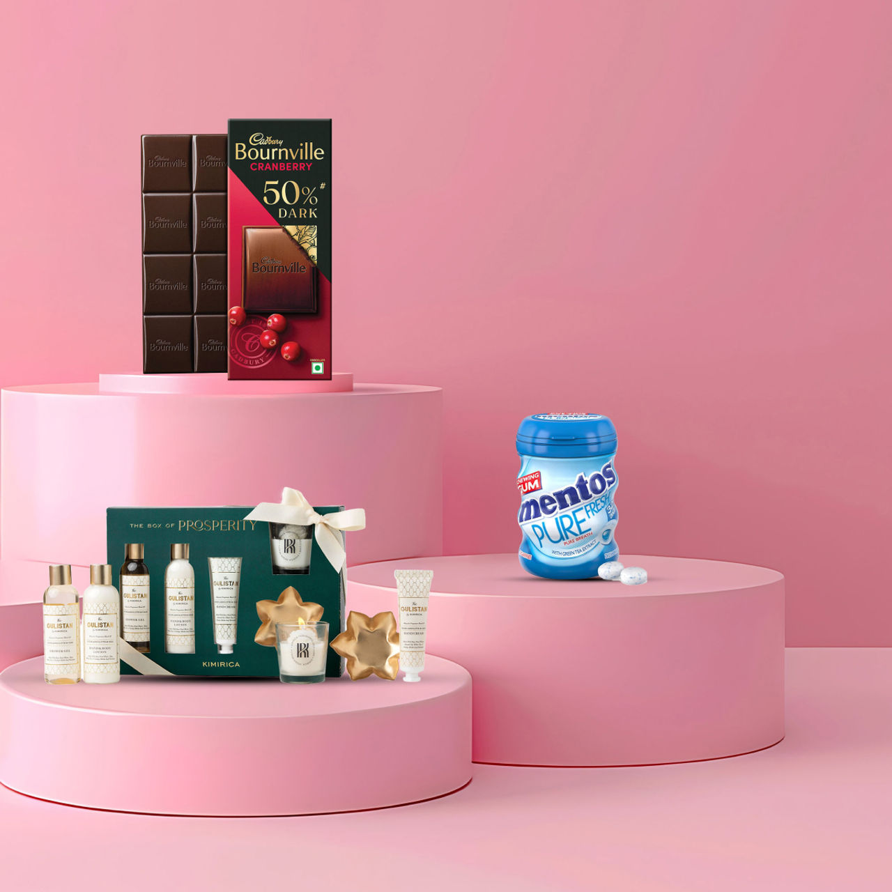 Mentos Pure Fresh Sugarfree Mint Chewing Gum Bottle(54gms), Kimirica The Box Of Prosperity Luxury Festive Gift Set(1pc) & Cadbury Bournville Cranberry Dark Chocolate Bar(80gms) Combo