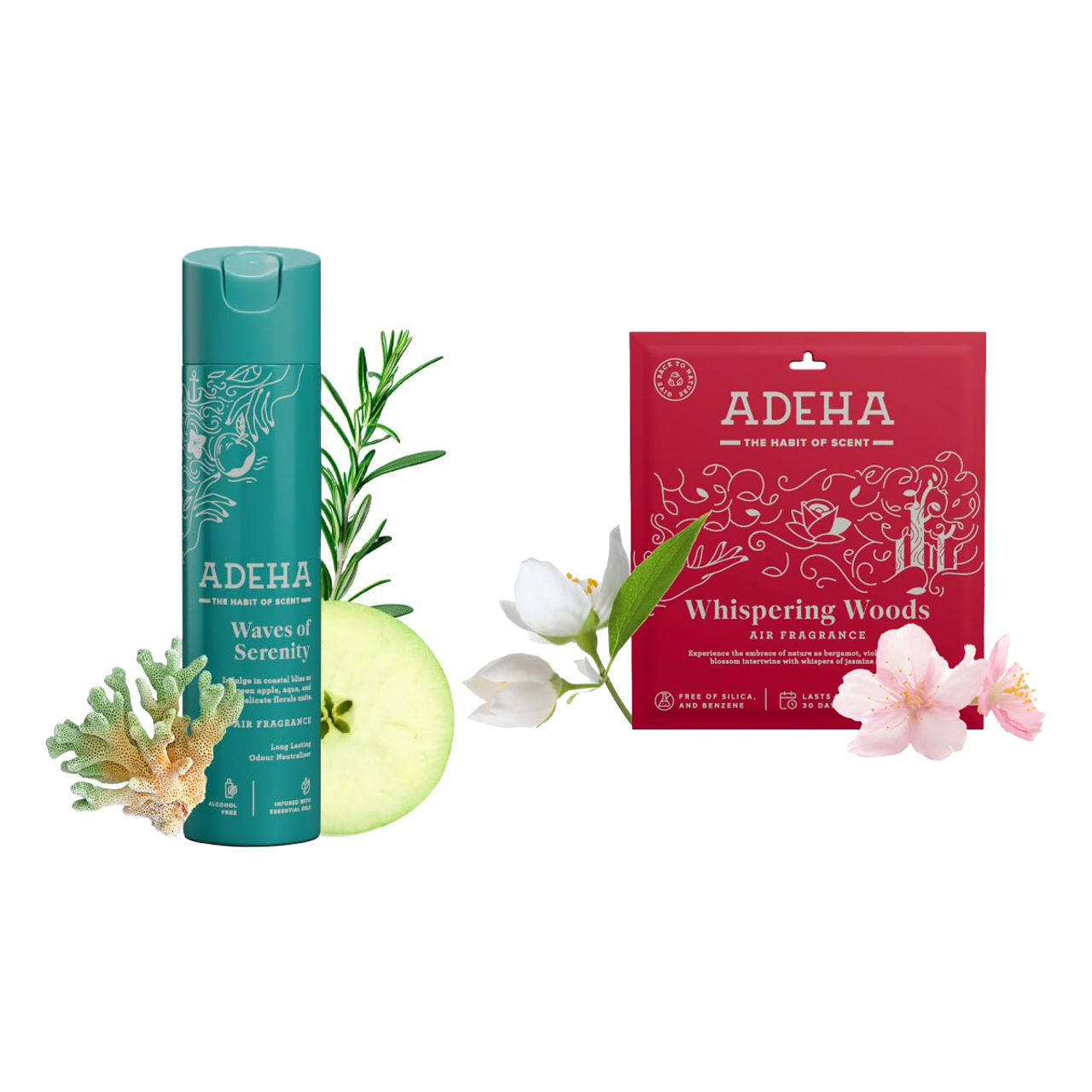 Adeha Air Freshener Whispering Woods Pouch (20g) & Adeha Room Freshener Spray Waves Of Serenity (218ml) Combo