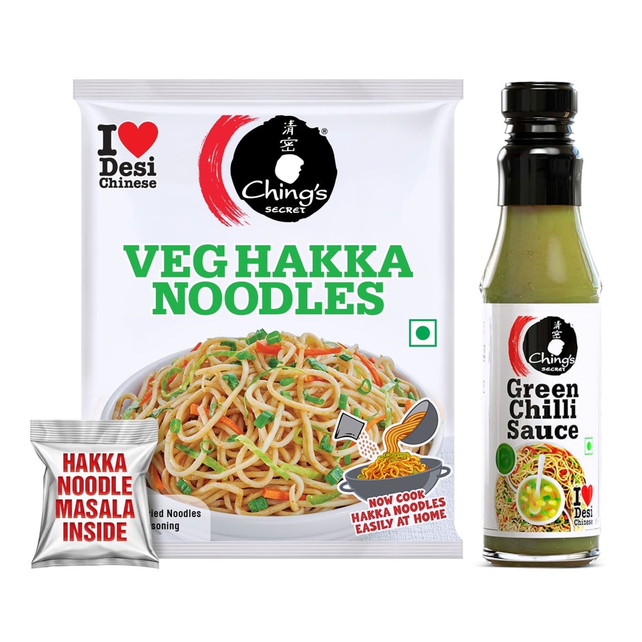 Ching's Secret Hakka Noodles with Masala (140 g) & Ching's Secret Green Chilli Sauce (190 g) Combo