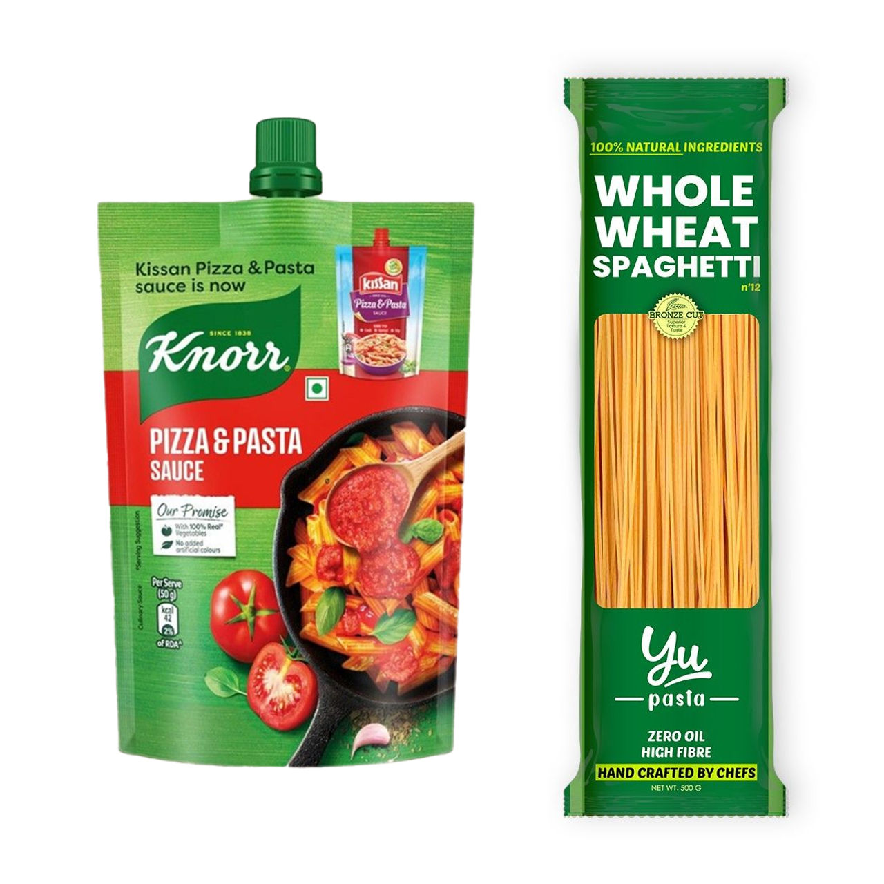 Knorr Sauce Pizza And Pasta (200g) & Yu 100% Whole Wheat Spaghetti Pasta (500g) Combo