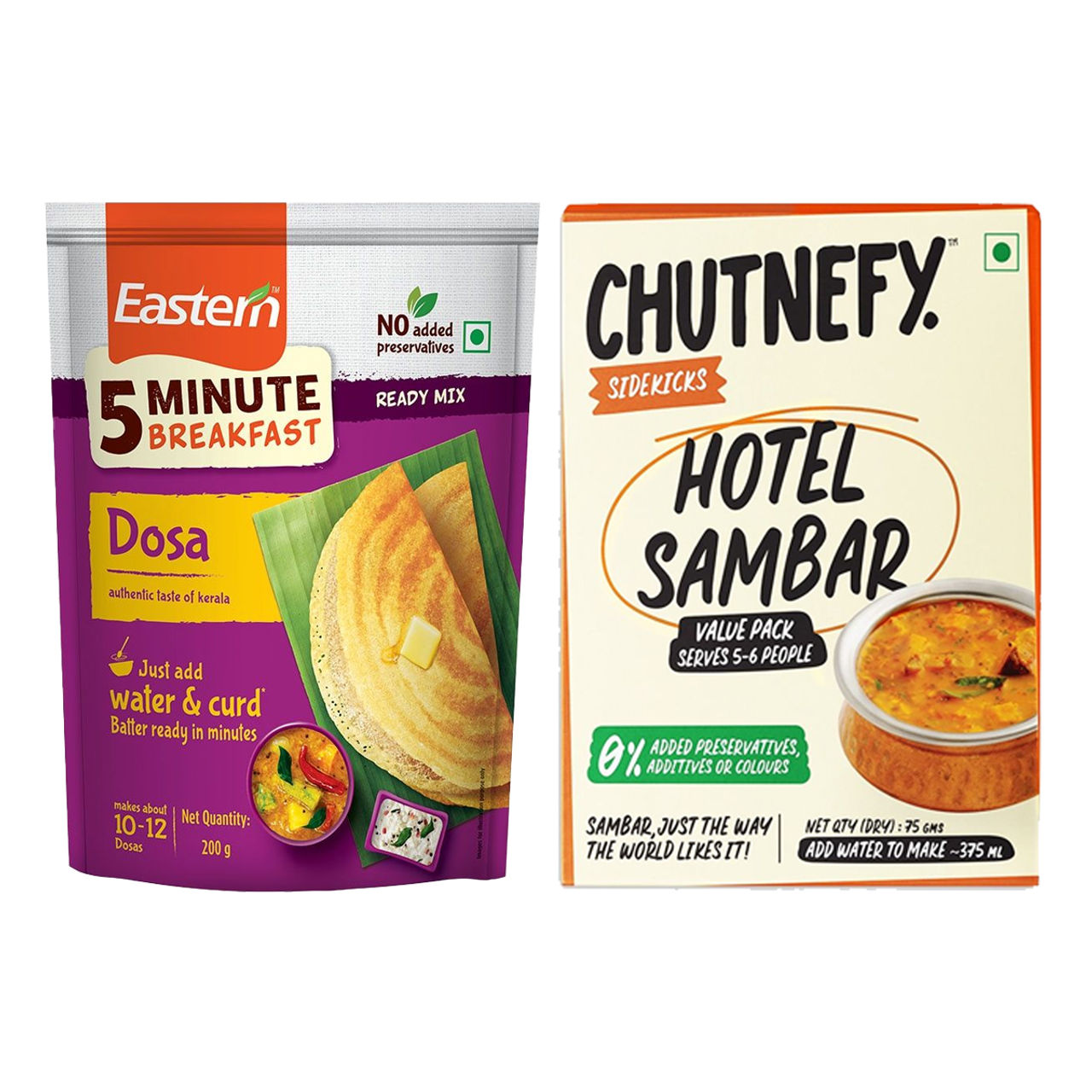 Eastern Dosa - Ready Mix Pouch (200g) & Chutnefy Hotel Sambar - Ready-To-Eat Value Pack | 0% Additive-Colours-Preservatives (75g) Combo