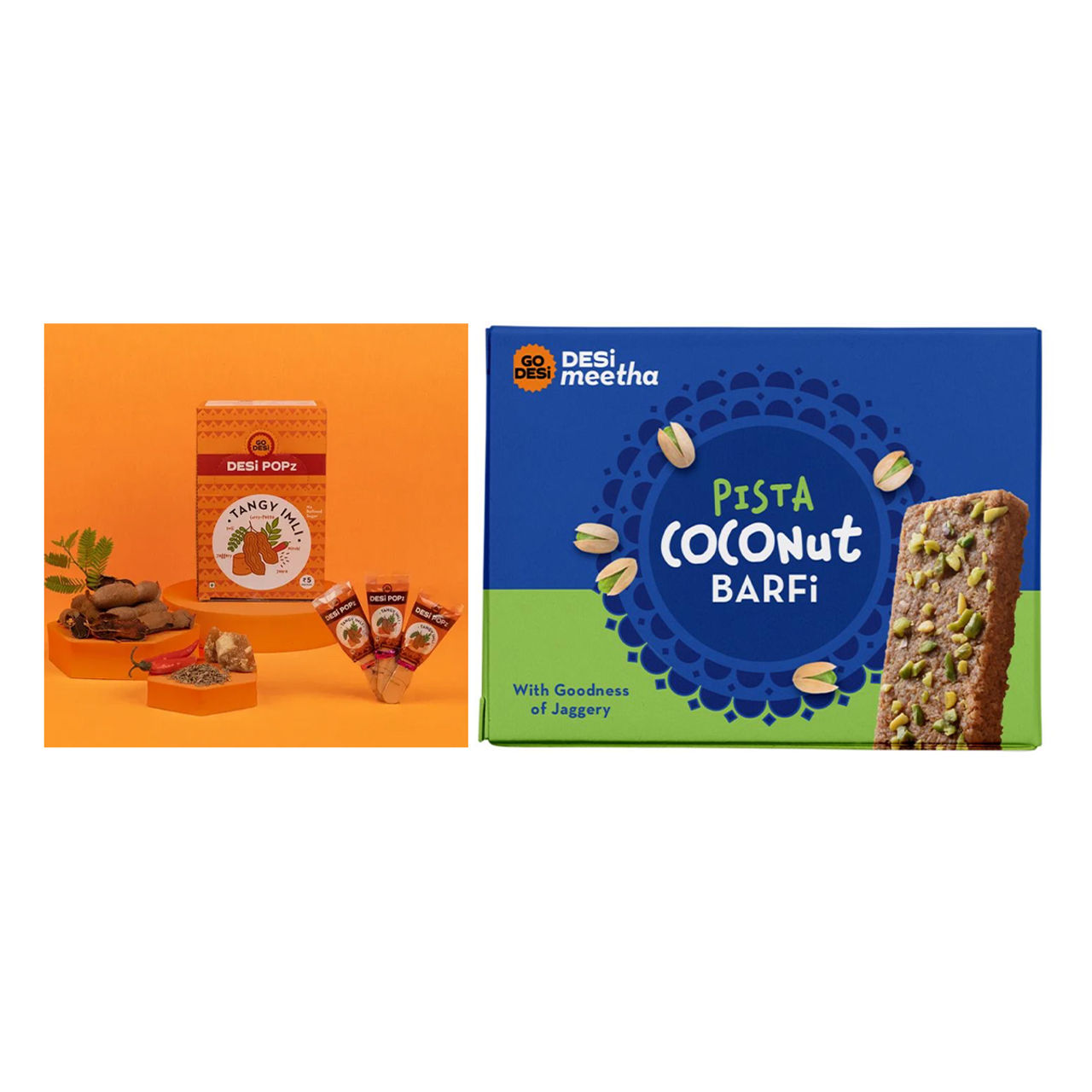 Tangy Imli (Tamarind) 10 Pcs Sour Candy | No Refined Sugar | Lollipop By Go Desi (10pc) & Pista Coconut Barfi, 8 Pcs | Burfi | Sweets | By Go Desi (96g) Combo