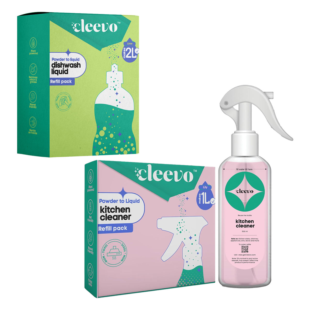 Cleevo Natural Kitchen Cleaner Spray Bottle Pack Cleans Stove Chimney Tile Powder To Liquid (1l) & Cleevo Natural Dishwash Liquid Pack Non-Toxic Eco-Friendly Powder To Liquid Lime (2l) Combo