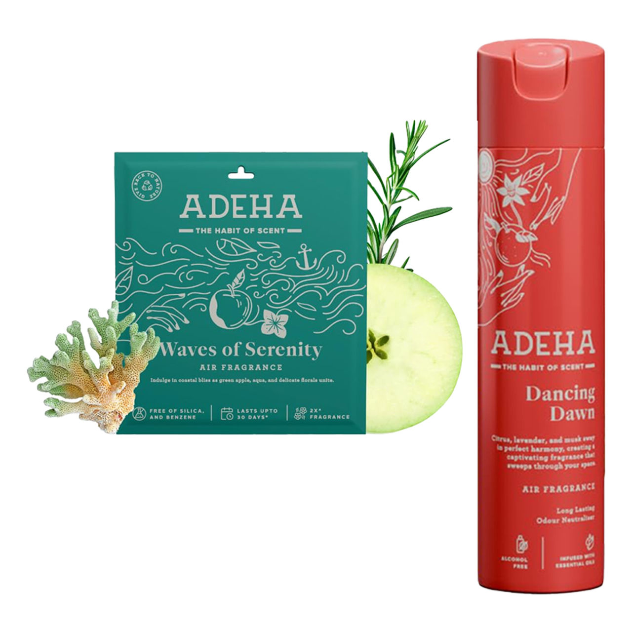 Adeha Air Freshener Waves Of Serenity Pouch (20g) & Adeha Room Freshener Spray Dancing Dawn (218ml) Combo