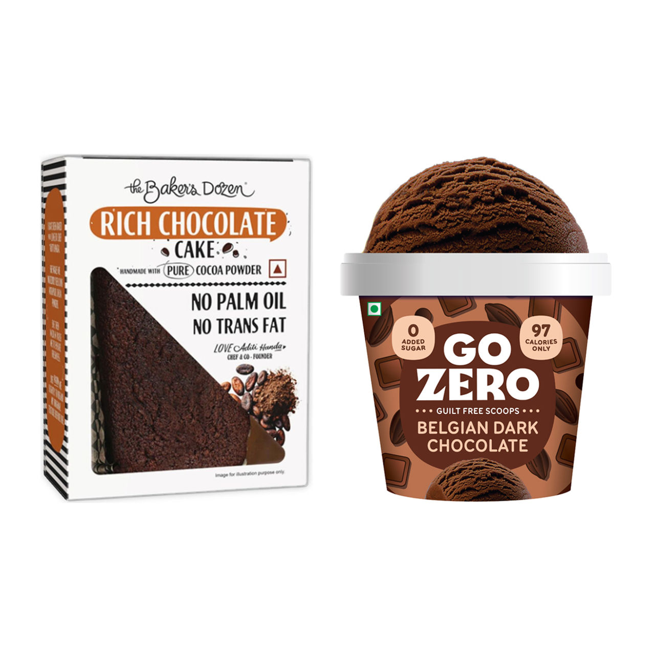 The Baker'S Dozen Rich Chocolate Cake (150g) & Go Zero Belgian Dark Chocolate Low Calorie Guilt Free Ice Cream Cup (100ml) Combo
