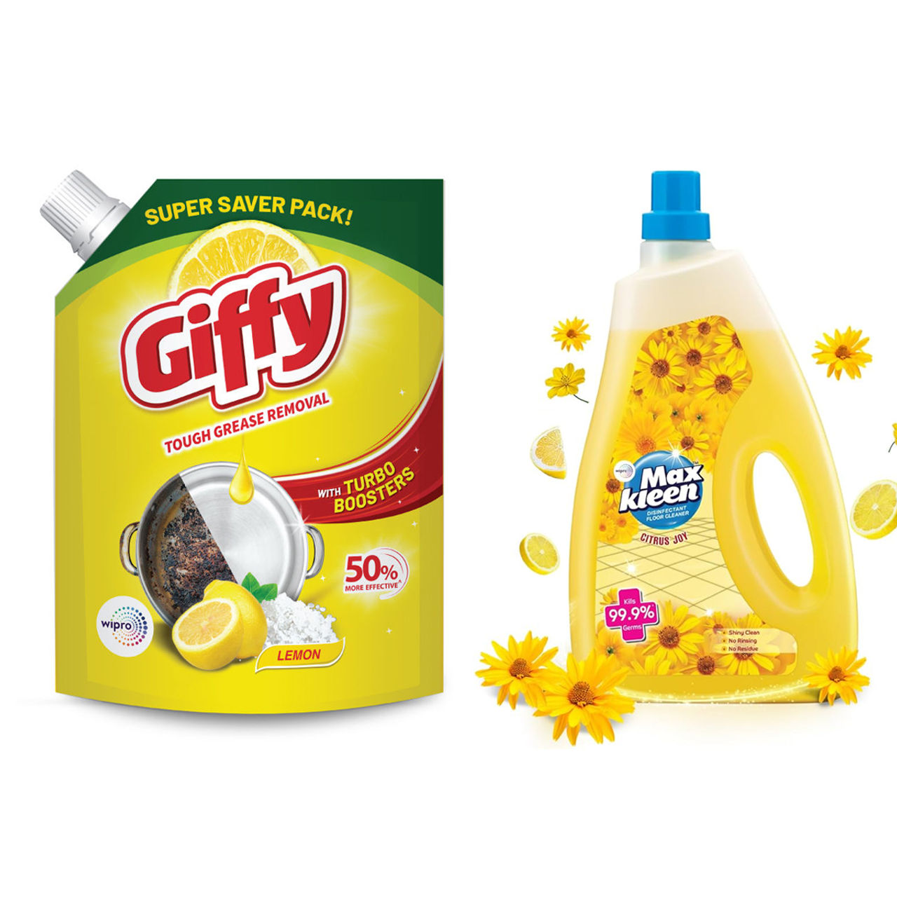 Giffy Dishwash Gel Lemon (2l) & Maxkleen Floor Cleaner Liquid - Citrus Joy Surface Cleaner (1800ml) Combo