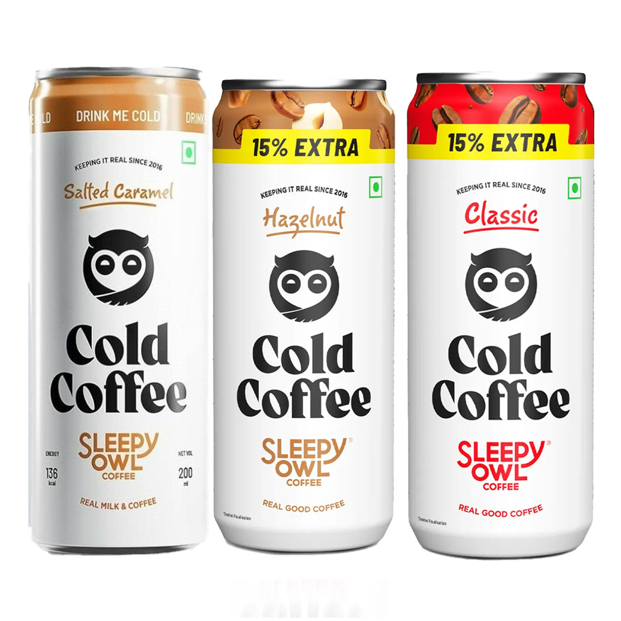 Sleepy Owl Cold Coffee Can - Classic(200ml), Sleepy Owl Cold Coffee Can - Hazelnut(200ml) & Sleepy Owl Cold Coffee Can - Salted Caramel(200ml) Combo