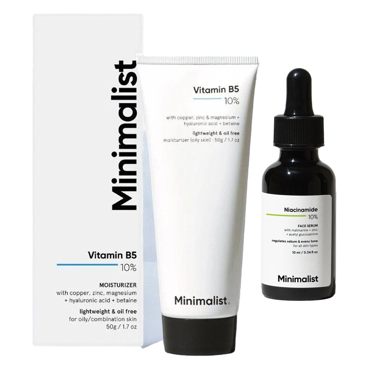 Niacinamide 10% With Matmarine + Zinc + Acetyl Glucosamine(10ml) & Minimalist 10% Vitamin B5 Oil-Free Face Moisturizer Gel(50gms) Combo